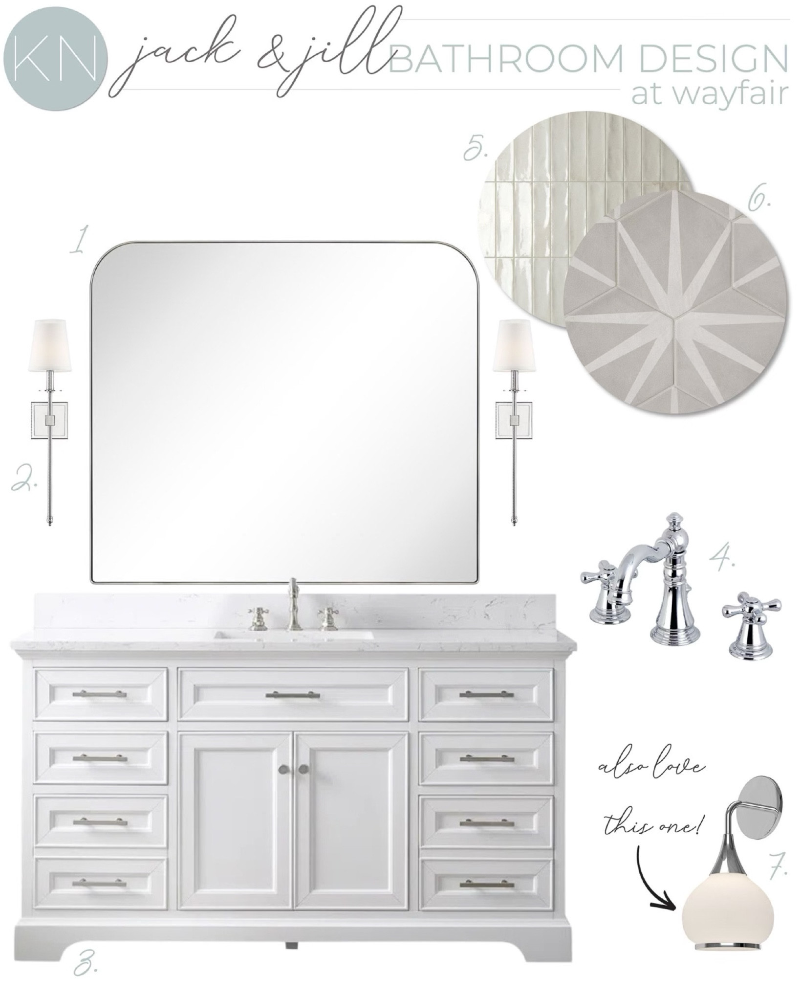 Our Jack and Jill bathroom is due for an update and I’ve created several design plans to consider, including this one. This plan features a white vanity, shaded sconces and an arch-shaped mirror. home decor bathroom decor bathroom makeover bathroom tile faucet bathroom lighting Wayfair find#LTKStyleTip

#LTKHome