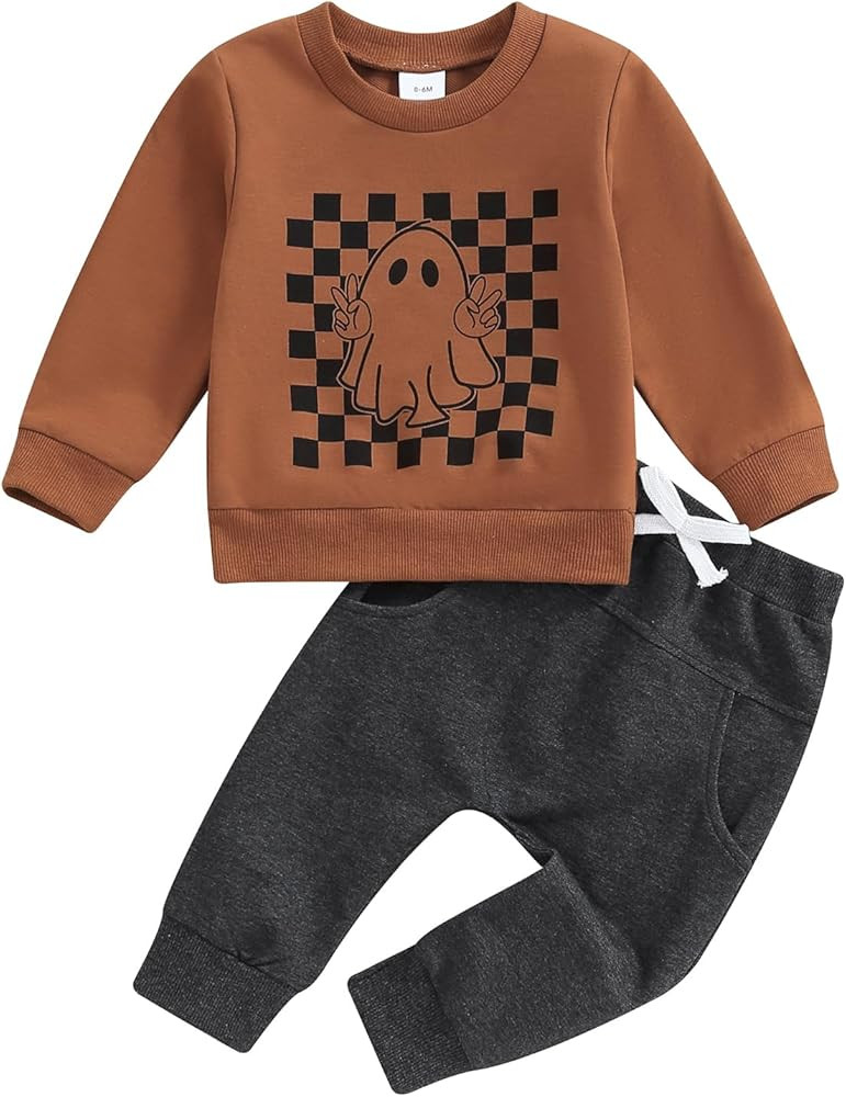 Toddler Baby Boy Halloween Outfit Long Sleeve Ghost/Pumpkin Sweatshirt Tops Elastic Pants 2PCS Fa... | Amazon (US)