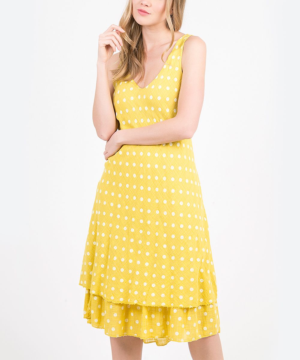 Pearly Blue Women's Casual Dresses YELLOW - Yellow Dot Juliette Linen Midi Dress - Women | Zulily