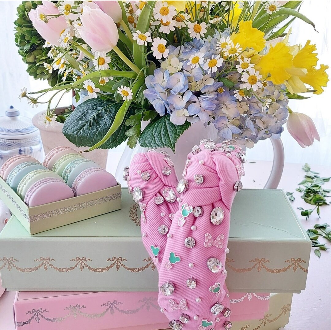 Classic padded knotted headband with crystals and charms mouse topiary pink flower festival garde... | Etsy (US)