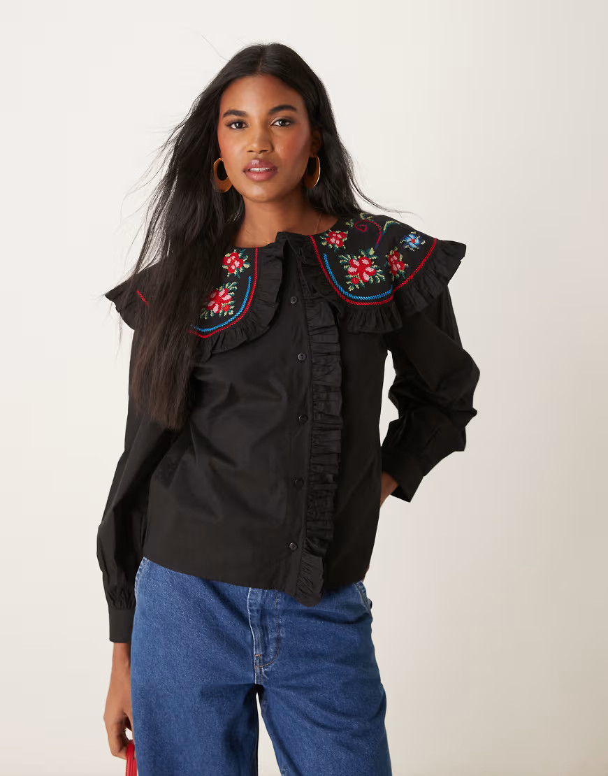 ASOS DESIGN shirt with embroidered oversized frill collar in black | ASOS (Global)