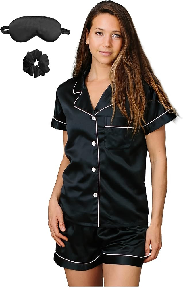 Belle's Design Women’s Short Sleeve Satin Silk Pajama Set Button Down 2 pieces Loungewear Sleep... | Amazon (US)
