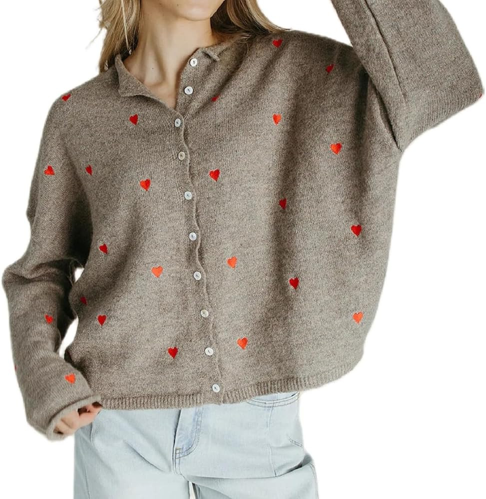Women Valentine’s Day Heart Sweater Cardigan Cute Long Sleeve Open Front Knitted Outwear Holida... | Amazon (US)