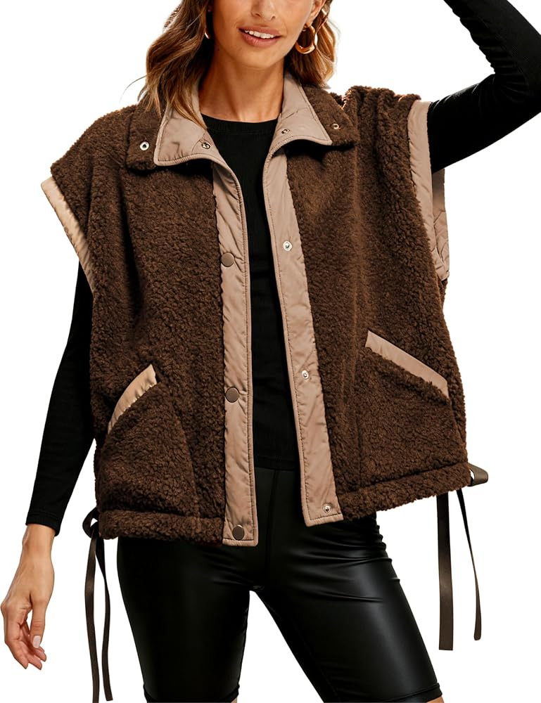 Athlisan Womens Fleece Vest Casual Sleeveless Button Down Sherpa Jacket Outerwear with Pockets | Amazon (US)