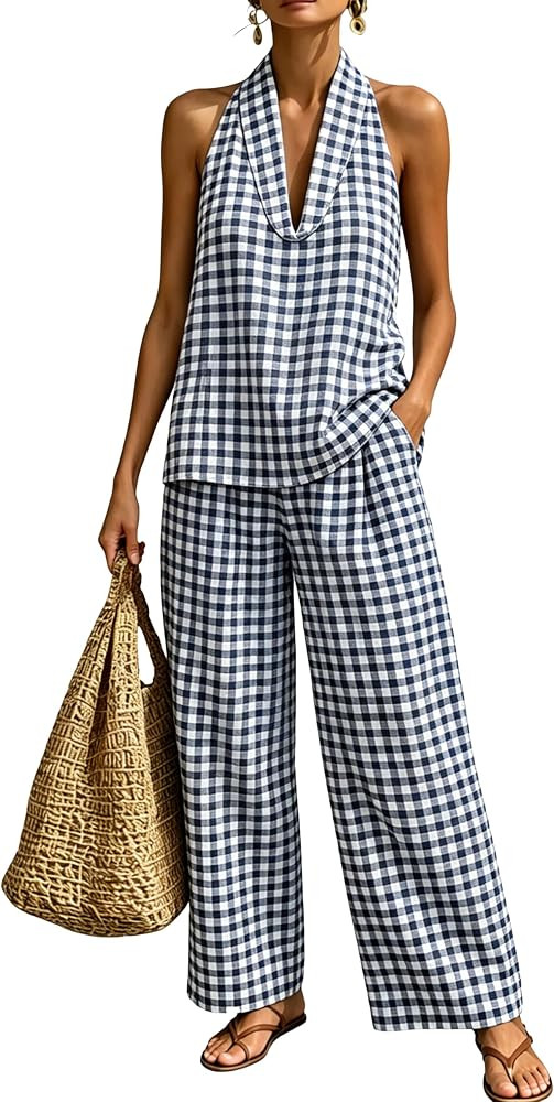 Women's Summer Gingham 2 Piece Set Halter Neck Sleeveless Top High Waist Pants Casual Cotton Outf... | Amazon (US)