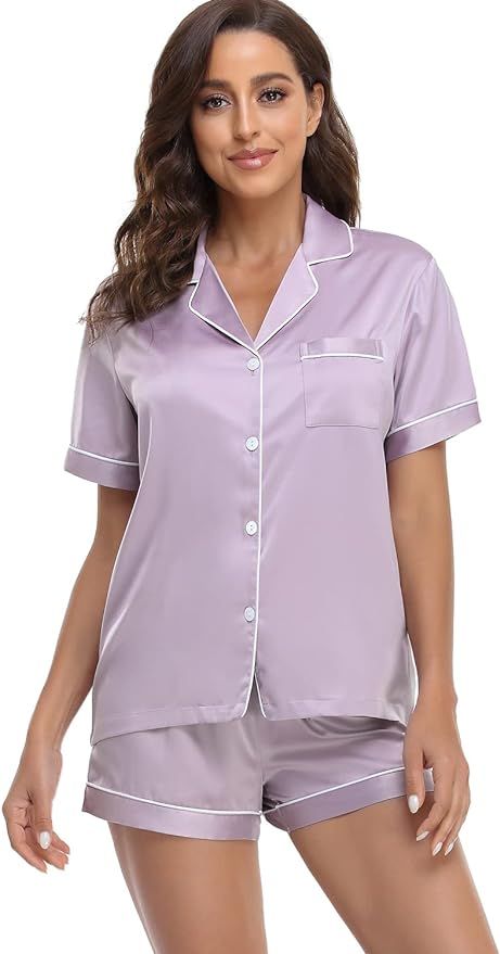 Serenedelicacy Women's Satin Pajama Set 2-Piece Sleepwear Loungewear Button Down Short Sleeve PJ ... | Amazon (US)