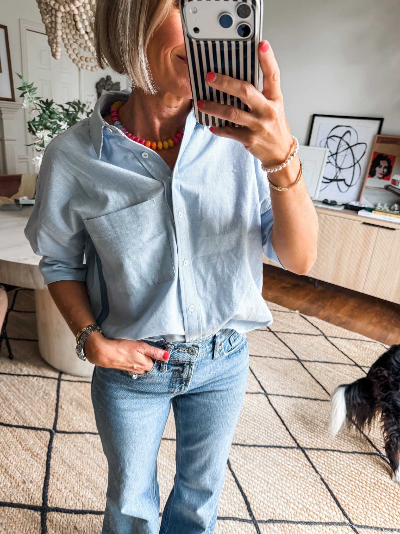 easy everyday Spring outfit! Jeans from Old Navy, in my true  size 0
Button down runs oversized, I sized down to extra extra small. Bold beaded necklace for a pop of color.

#LTKSaleAlert #LTKOver40 #LTKootd