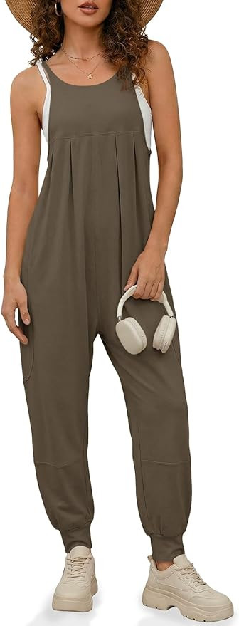 Fisoew Jumpsuits for Women Summer Casual Overalls Spaghetti Strap Sleeveless Pleated Rompers Jump... | Amazon (US)