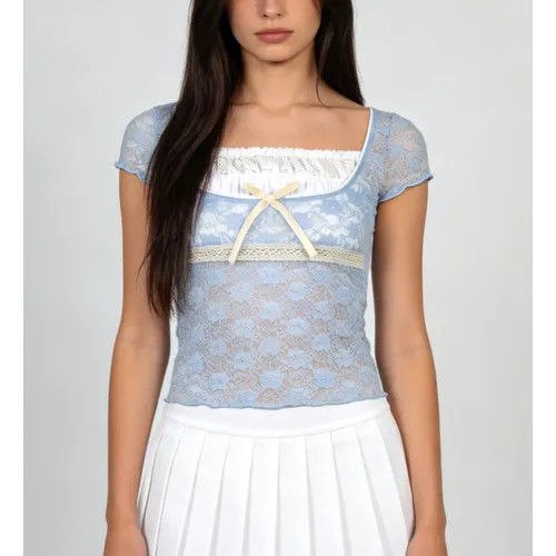 Sosana - Short-Sleeve Mock Two-Piece Bow Accent Lace Crop Top | YesStyle | YesStyle Global