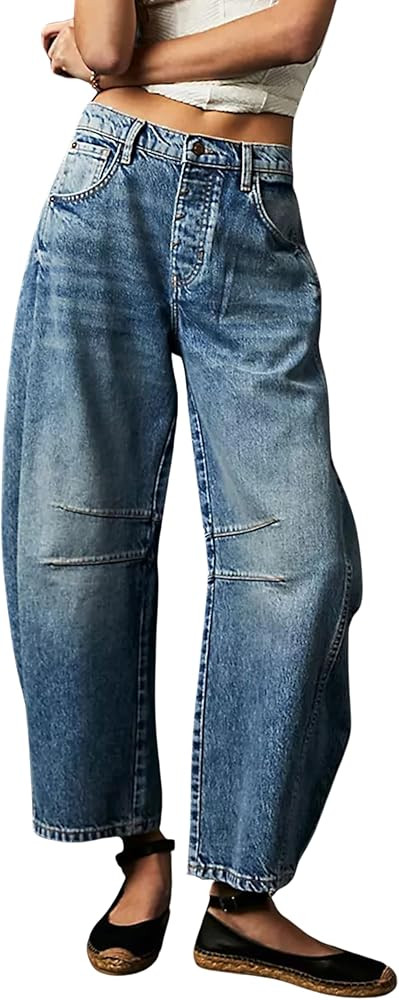 Women's Baggy Jeans Wide Leg Mid Waist Denim Pants Boyfriend Cropped Barrel Jeans with Pockets | Amazon (US)