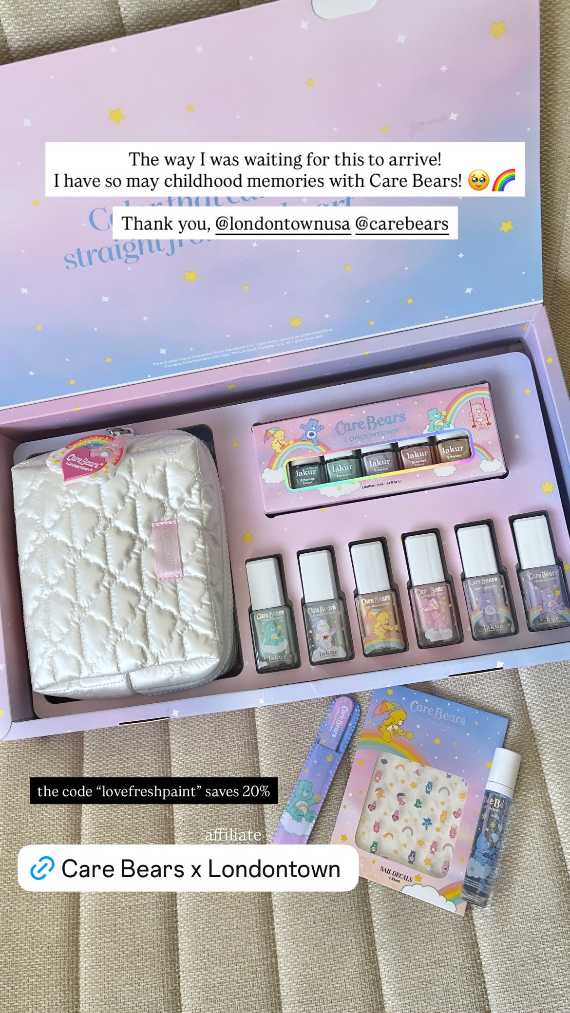 Londontown x Care Bears, my childhood heart was so excited about this! 

Swatches are on my previous post!

Use the code LOVEFRESHPAINT to save 20% 

 

#LTKselfcare #LTKBeauty