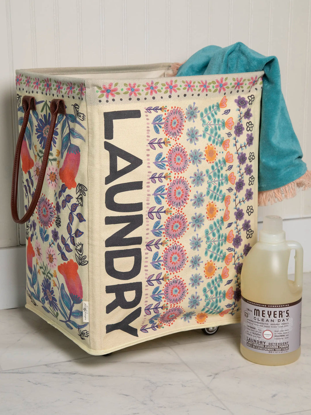 Rolling Laundry Hamper - Cream Folk Flower | Natural Life