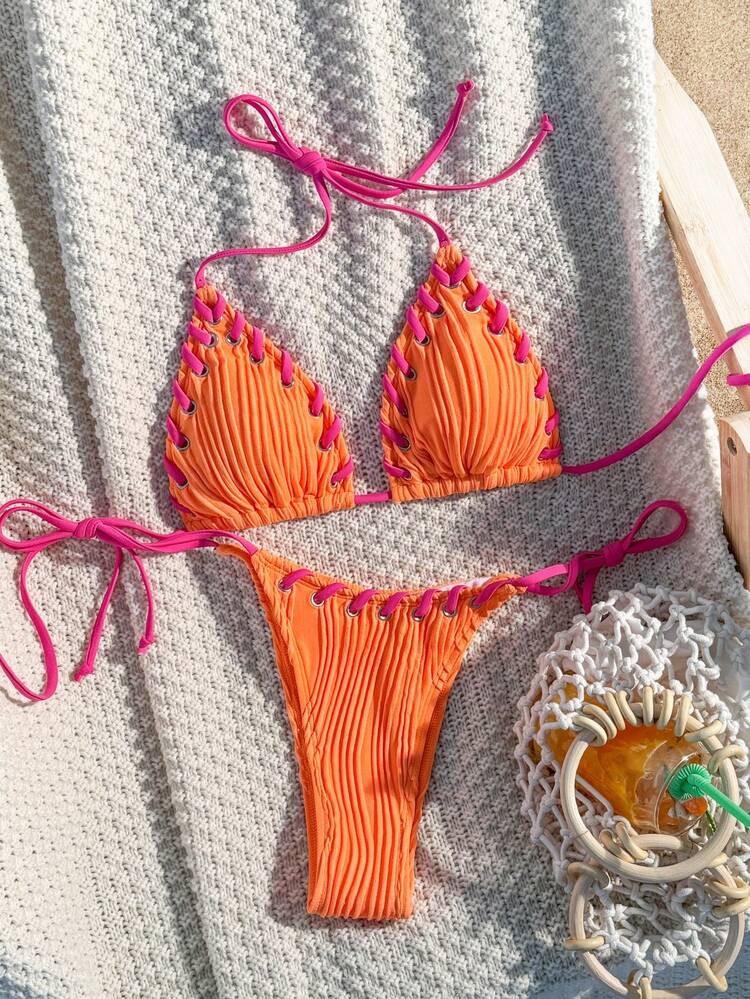 Swim Mod Women's Sexy Beach Vacation Grommet Lace Up Textured Knit Bikini Set | SHEIN
