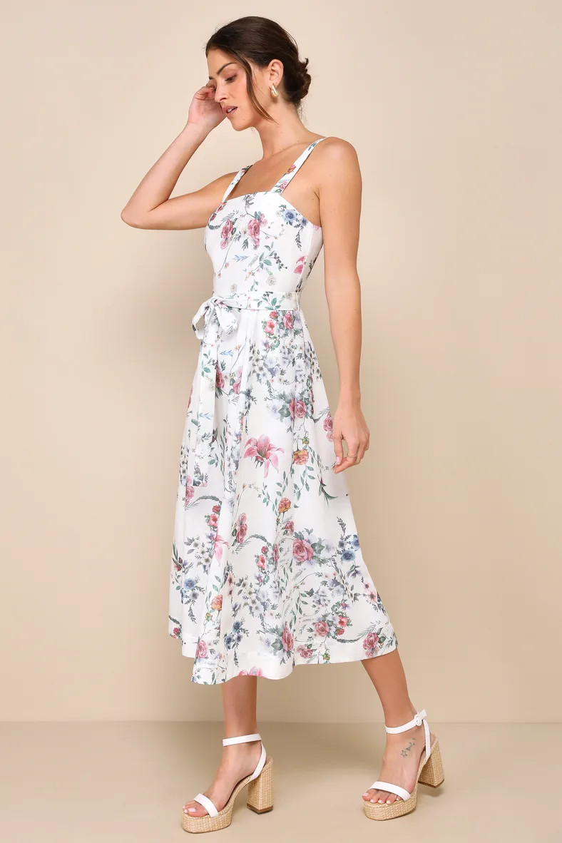 Sunny Posture Ivory Floral Sleeveless Midi Dress With Pockets | Lulus