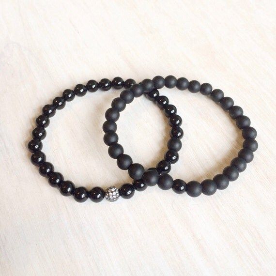 Black Onyx W/Silver Pave Rhinestone Bead (set of 2 bracelets) | Etsy (US)
