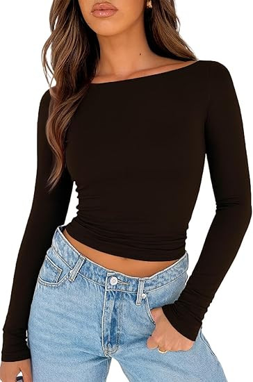 ForeFair Long Sleeve Shirt for Women Going Out Top Crop Boat Neck Double Lined Basic T Shirts | Amazon (US)