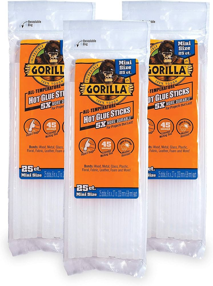 Gorilla Hot Glue Sticks, Mini Size, 8" Long x .27" Diameter, 25 Count, Clear, (Pack of 3) | Amazon (US)