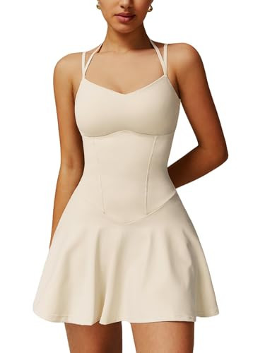 ABOCIW Tennis Dresses for Women Spaghetti Strap Sweetheart Neck Athletic Dress with Built-in Shorts Pockets Summer Dress for Golf Sports Beige Medium | Amazon (US)