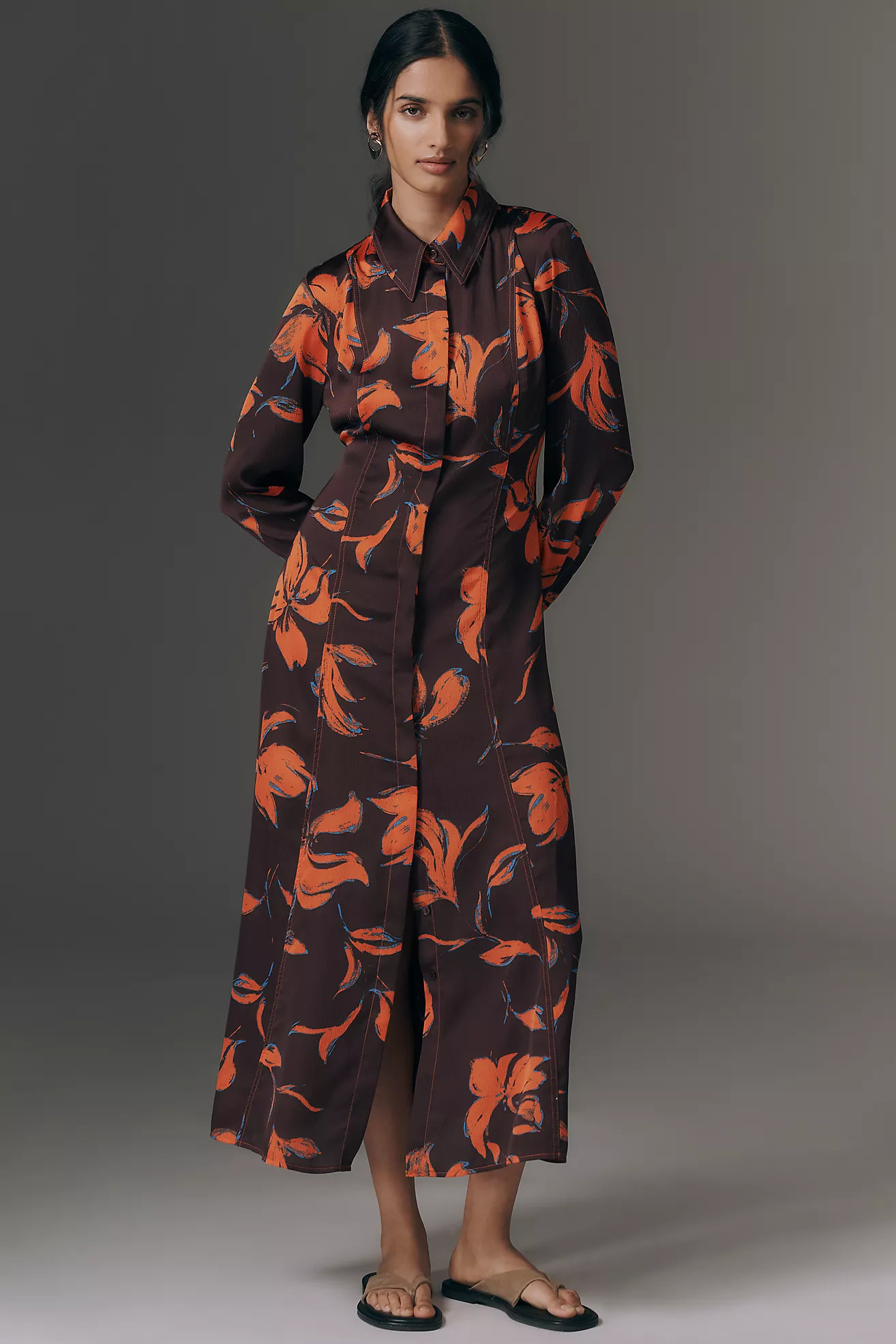 Exquise Long-Sleeve Satin Shirt Dress | Anthropologie (US)