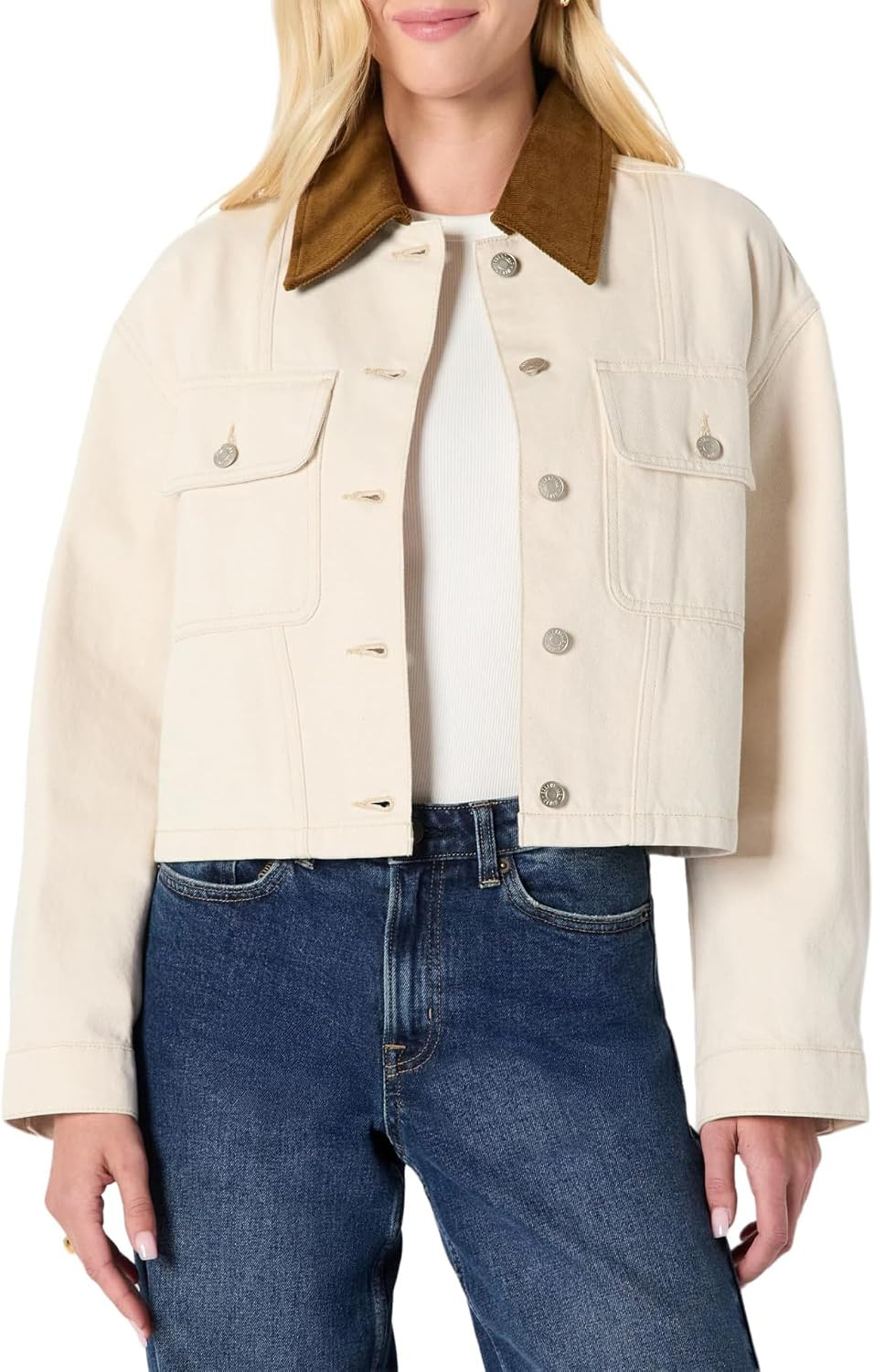 Amazon Essentials Women's Oversized-Fit Cropped Heavyweight Denim Jacket with Contrast Corduroy Collar | Amazon (US)