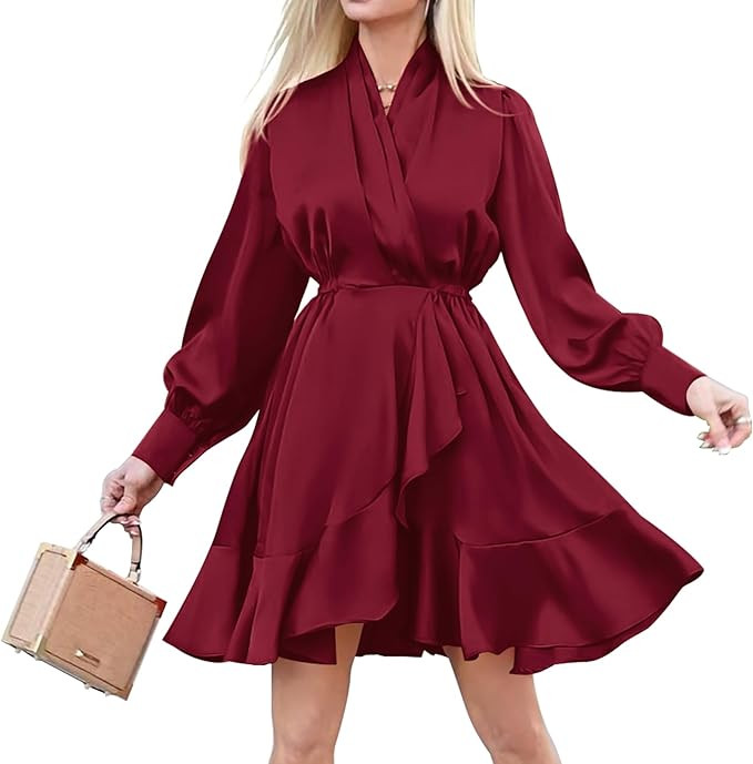 PRETTYGARDEN Women's Fall Long Puff Sleeve Satin Dress V Neck Ruffle A Line Short Flowy Dresses | Amazon (US)
