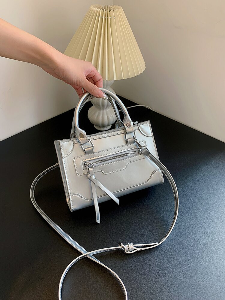 Mini Metallic Zipper Decor Double Handle Square Bag | SHEIN