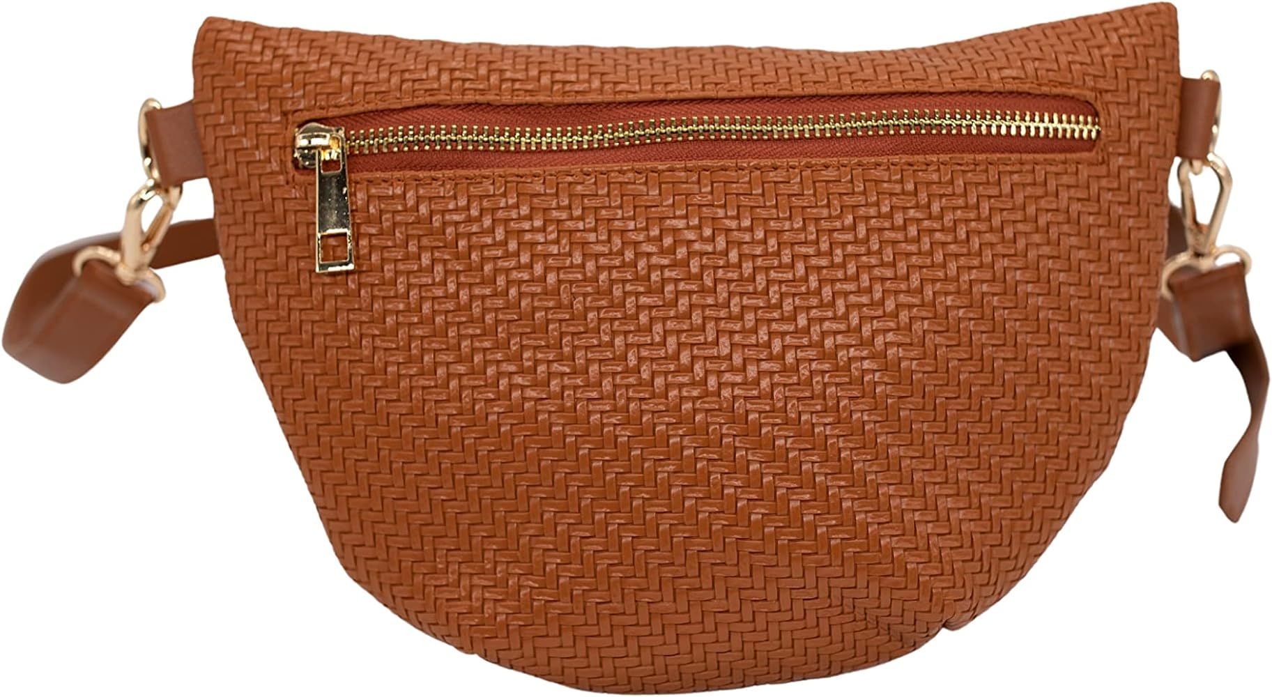 Nylon Fanny Pack, SMALL Fashion Waist Pack Bag, Adjustable Fanny Bag, for Women, Men 10"x6" (Cognac Brown Basketweave) | Amazon (US)