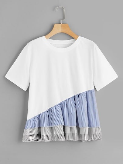 Plus Contrast Striped Ruffle Hem Tee | SHEIN