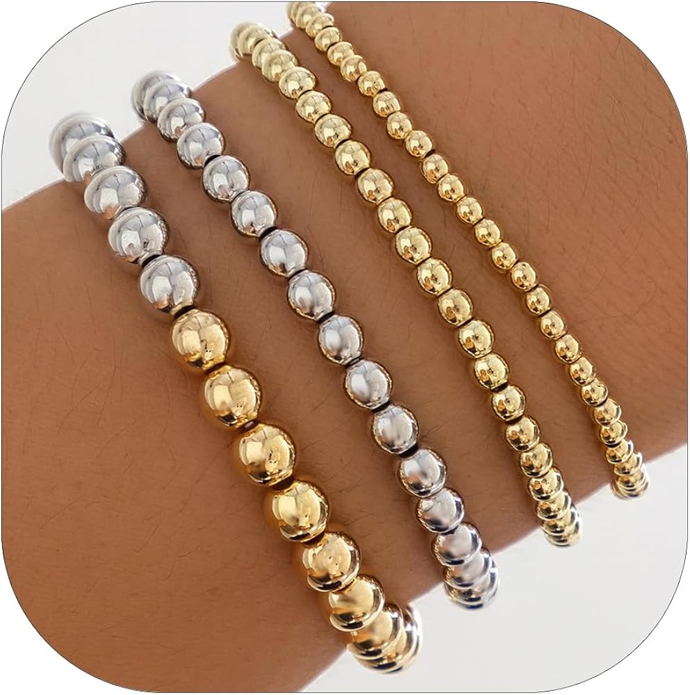 Gold Bead Bracelet for Women Bead Ball Bracelet Stretchable Stackable Bead Ball Bracelet Set Jewe... | Amazon (US)