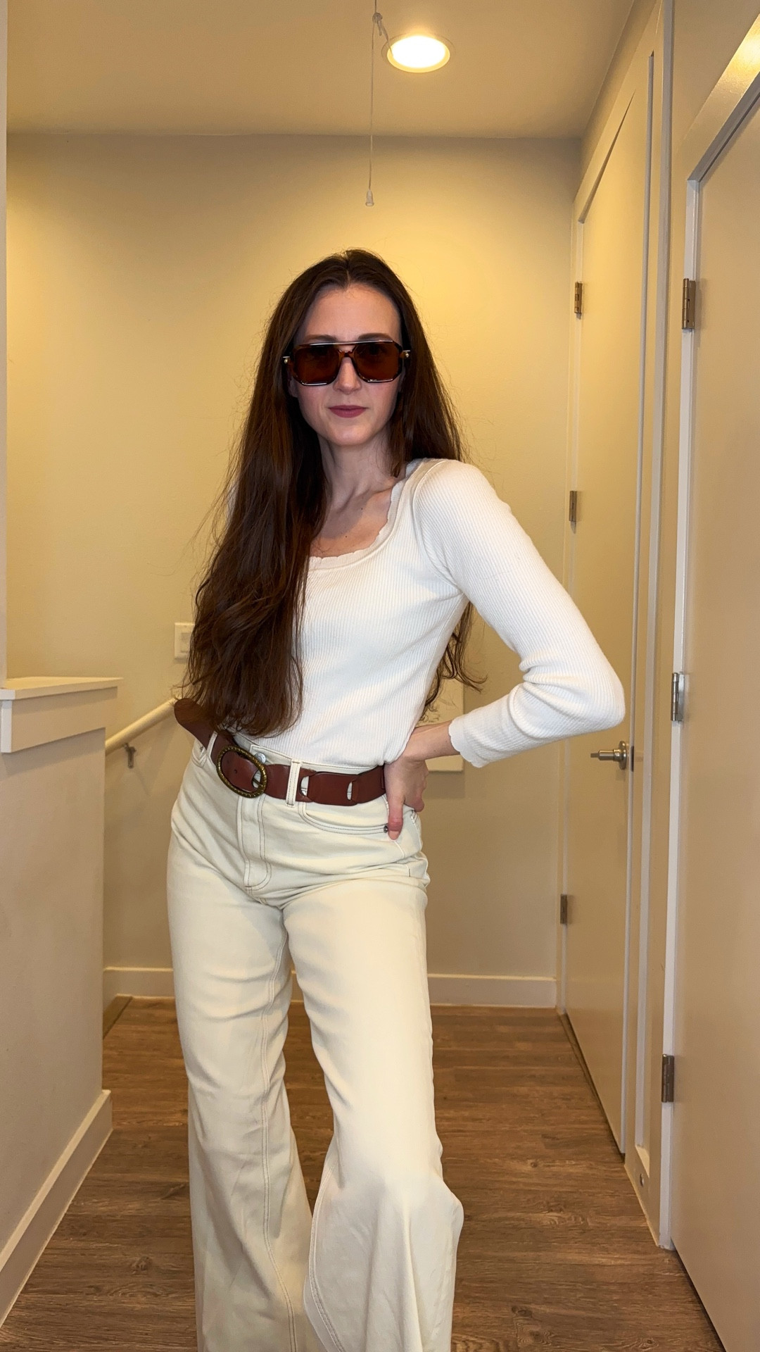 Cream ecru and brown leather. This all beige look mixes textures for a comfortable and stylish look! Tall girl friendly jeans! 

#LTKgrwm #LTKootd