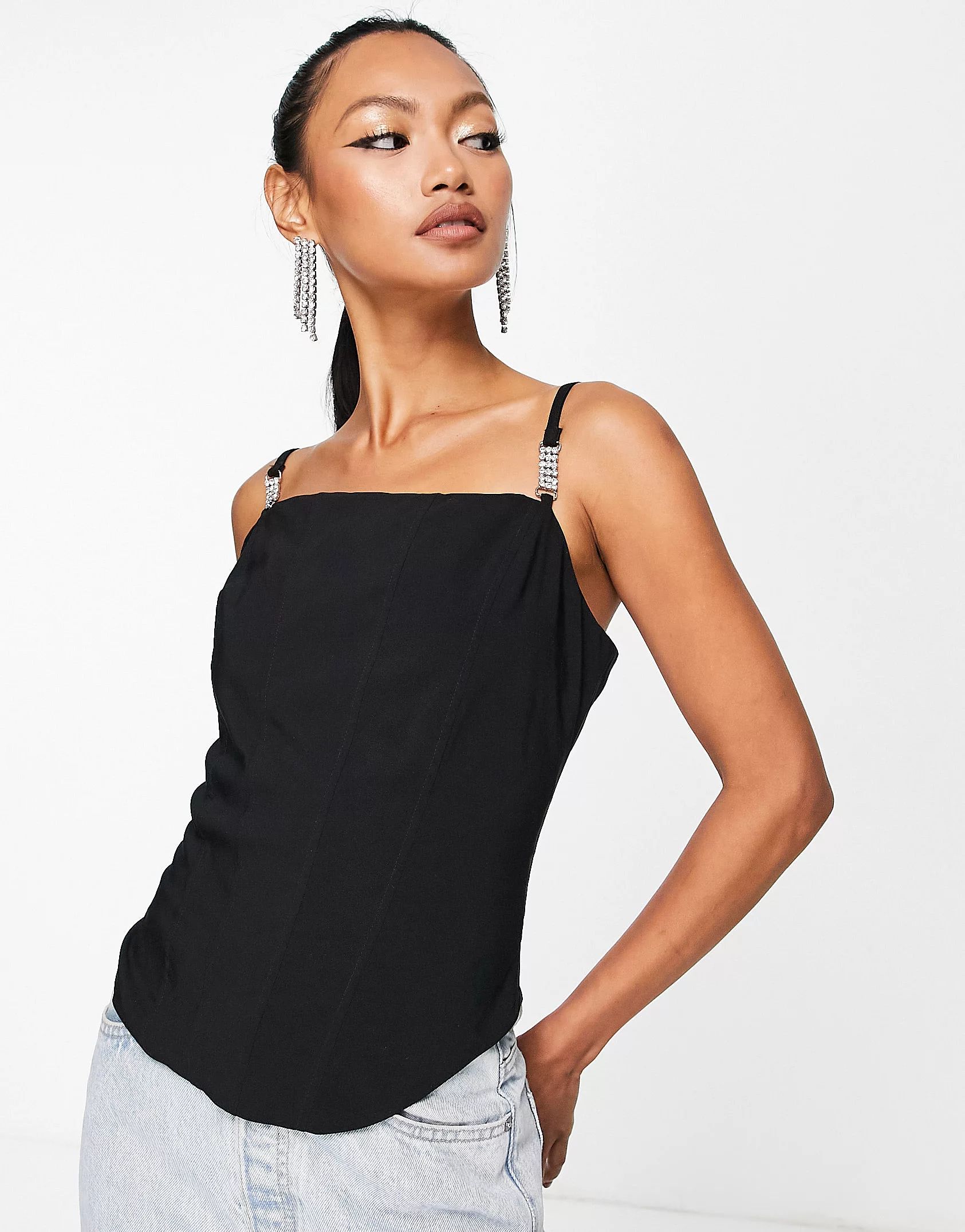 River Island corset top with diamante strap detail in black | ASOS (Global)