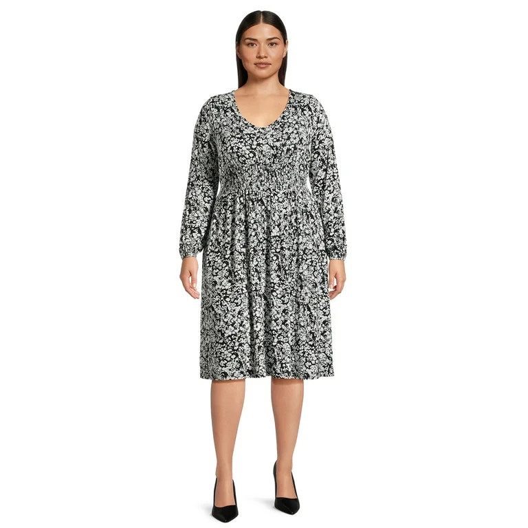 Terra & Sky Women's Plus Size Smock Waist Dress with Long Sleeves | Walmart (US)