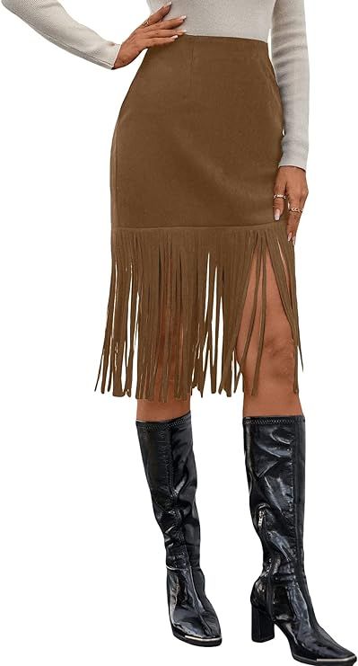 WDIRARA Women's Fringe Trim Faux Suede Straight Hem High Waisted Bodycon Mini Skirt | Amazon (US)