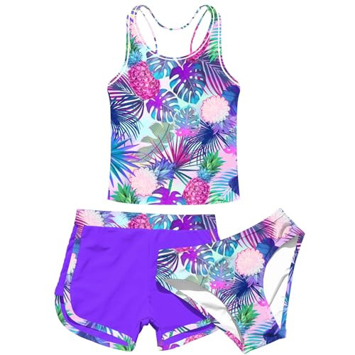 uideazone Teens Girls 3 Piece Bathing Suits Size 16 Hawaiian Tropical Racer Back Swimsuit with Shorts Dry Quick Tankini Swimwear Sets 15-16 Years | Amazon (US)
