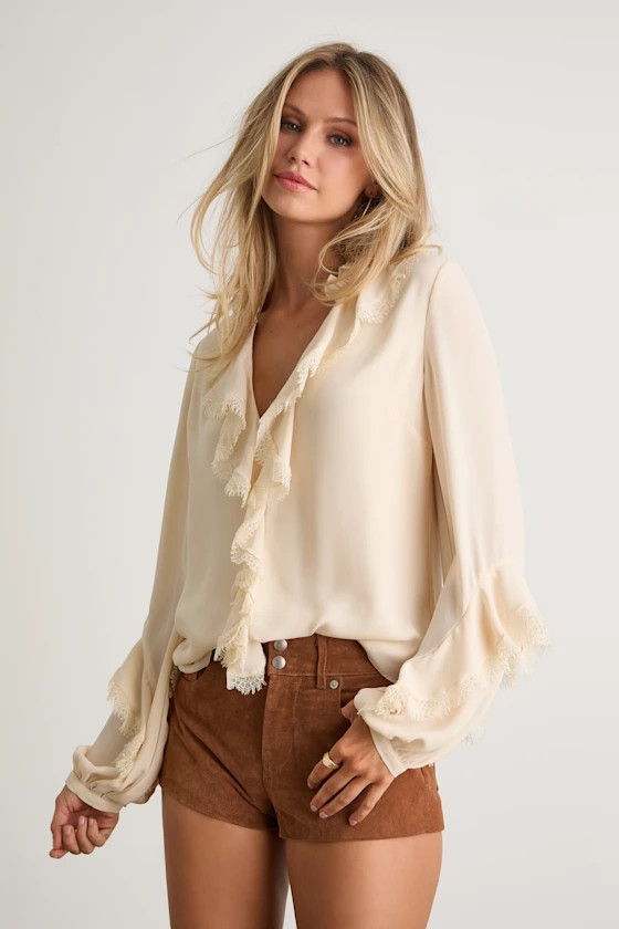 Jess Cream Ruffled Lace Long Sleeve Top | Lulus
