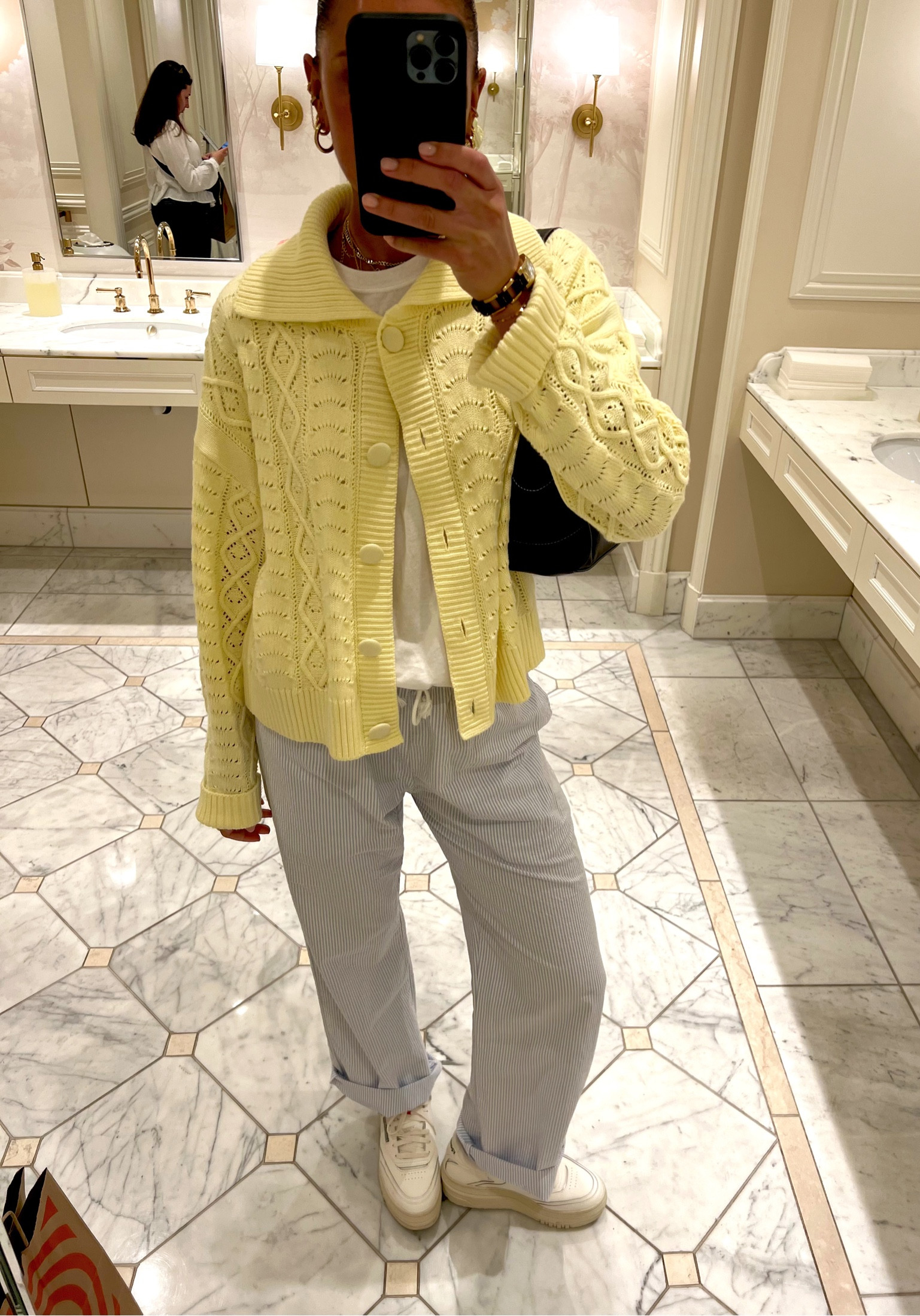 Wearing size M in sweater & L in T-shirt. Pants are brandy and bag is thrifted! 