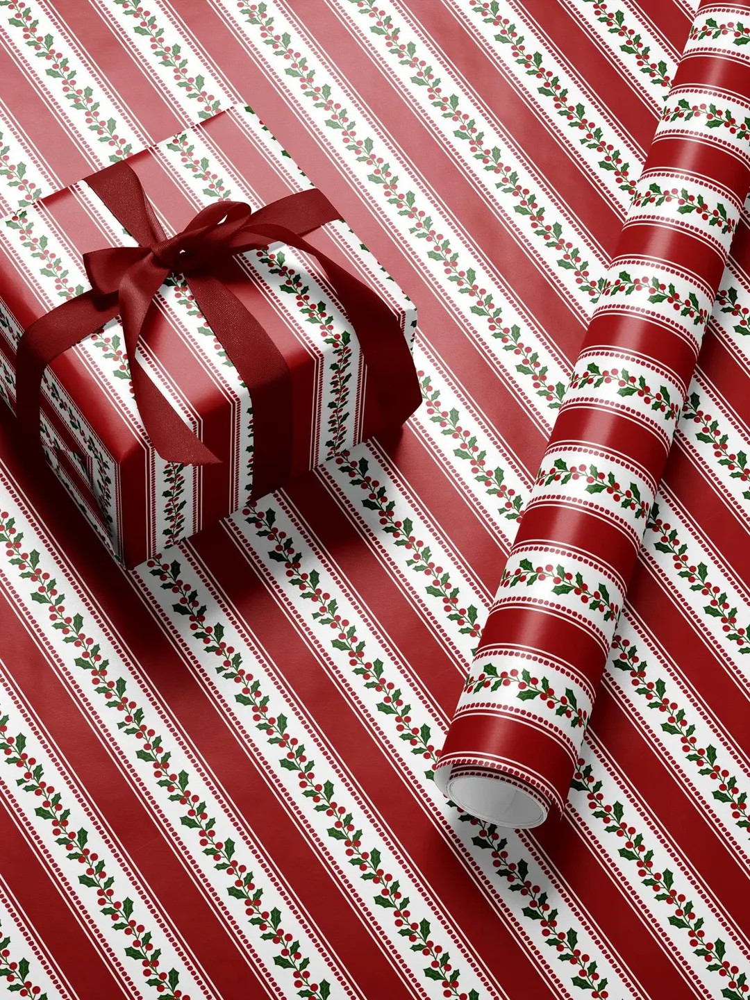 Red Striped Christmas Wrapping Paper Traditional Holiday Gift Wrap Elegant Floral Stripe Wrapping... | Etsy (US)