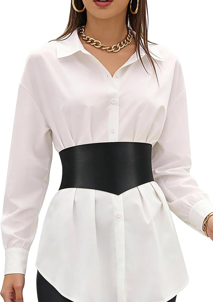 Women’s Wide Corset Waist Belt – Adjustable Faux Leather Waist Cincher, V-Shaped PU Leather F... | Amazon (US)