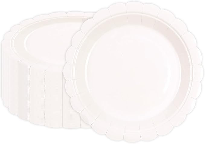 50Pcs White Plates-Disposable 7” White Scalloped Dessert Paper Plates | Birthday Dinnerware Set... | Amazon (US)