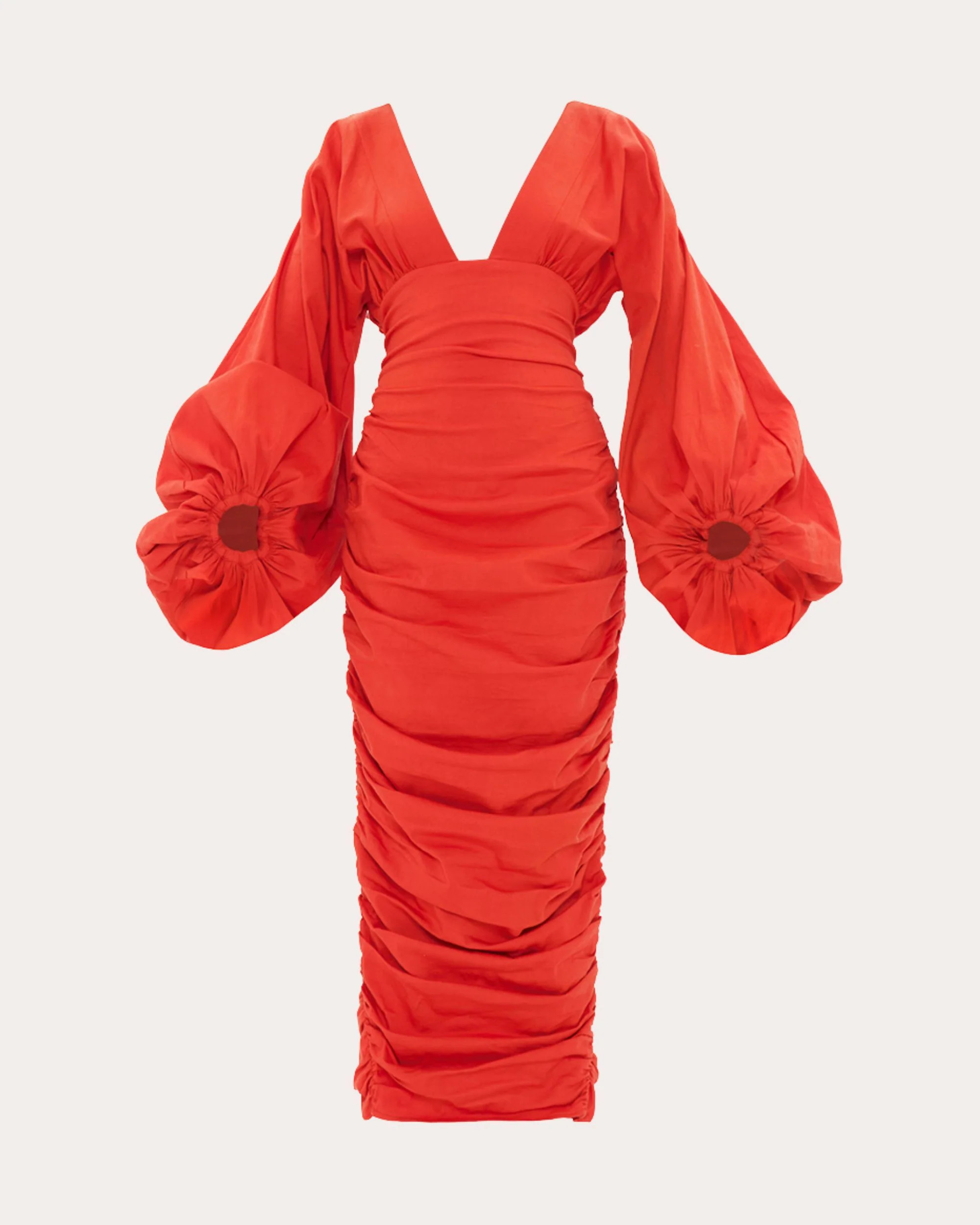 Andrea Iyamah Women's Anida Gathered Stretch-Cotton Corset Midi Dress in Red Coral Cotton/Spandex | Olivela