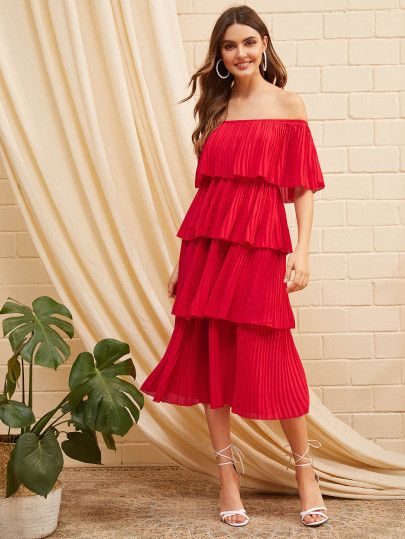SHEIN Foldover Front Off Shoulder Layered Pleated Dress | SHEIN