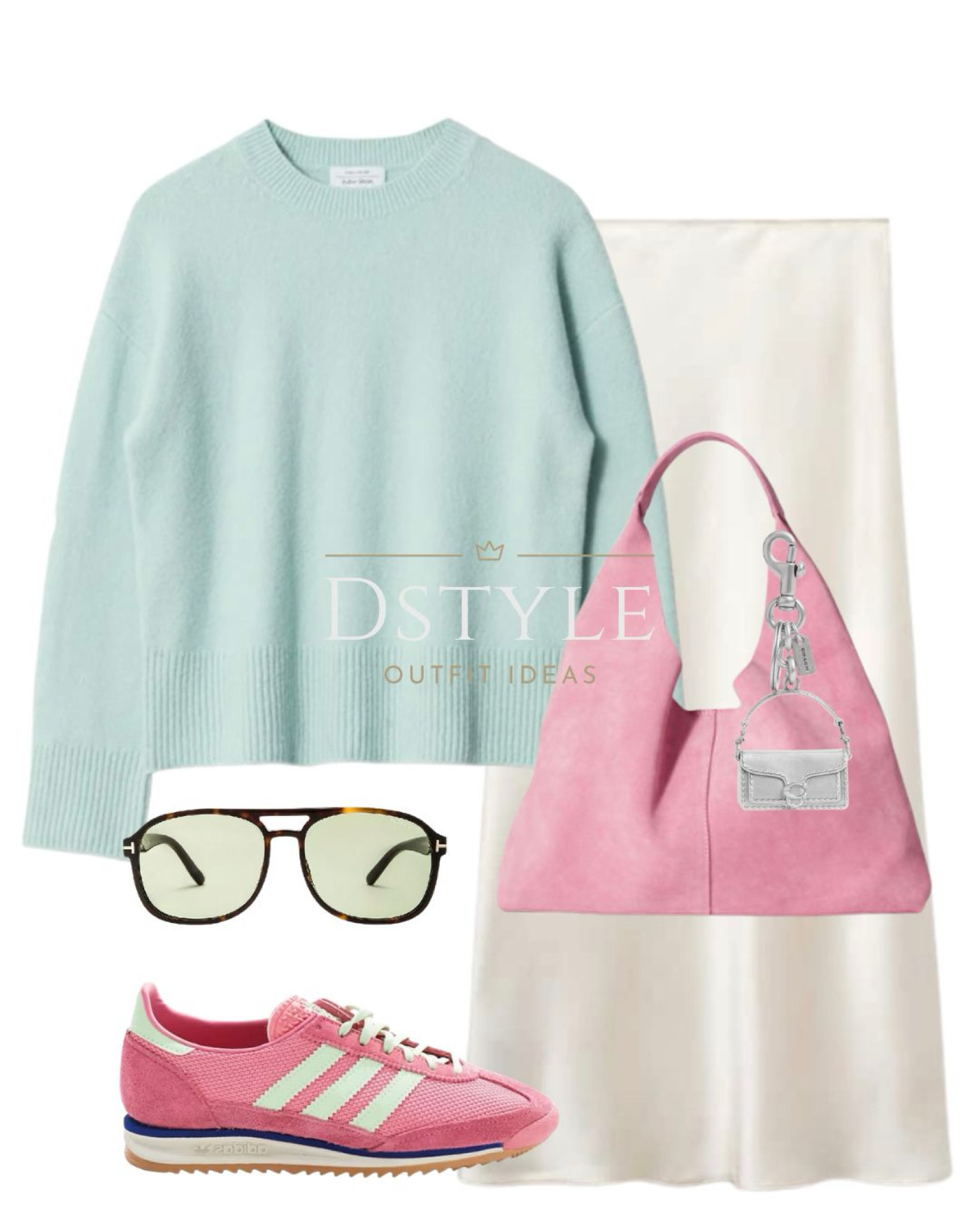 Pale green sweater, ecru midi satin skirt, pink suede tote bag, Adidas Originals SL 72 OG sneakers in pink and green
spring outfit 

 #LTKStyleTip #LTKShoeCrush #LTKItBag