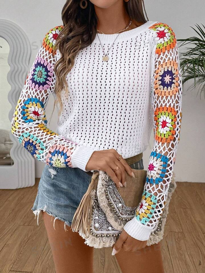 SHEIN Essnce Casual Slim Fit Hollow-Out Raglan Sleeve Women's Sweater | SHEIN