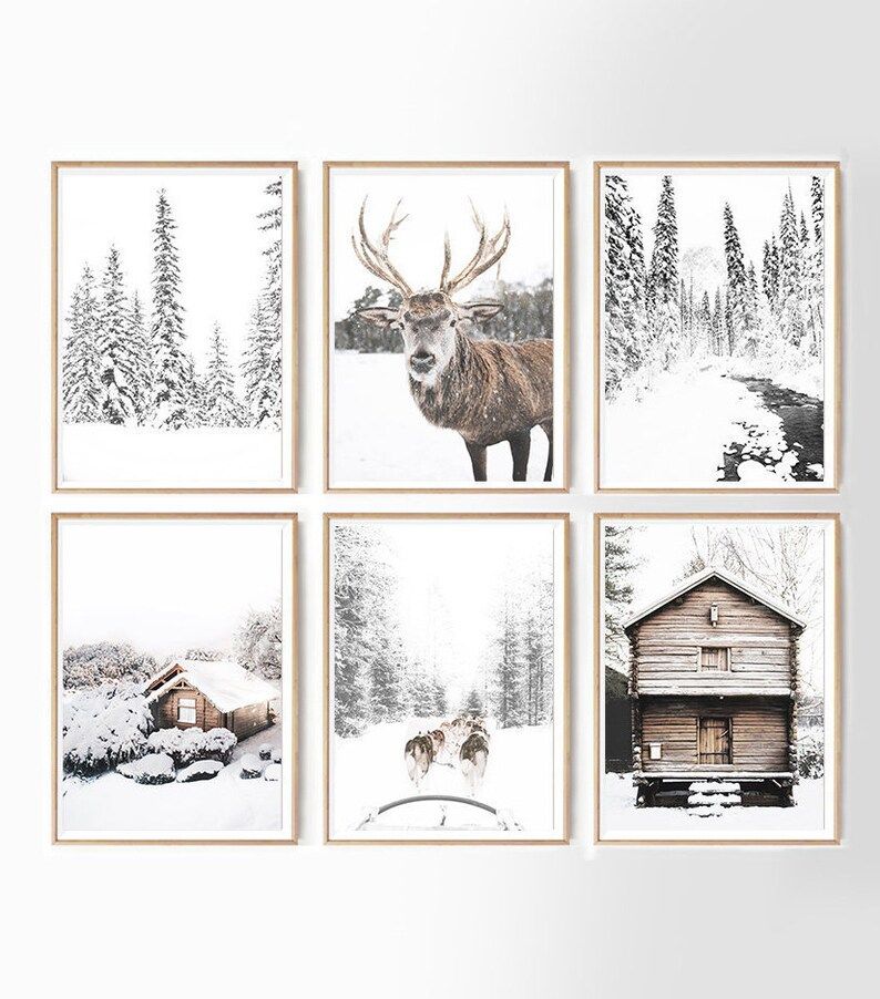 Christmas Set of 6 Winter Gallery Wall Snowy Rustic Barn Farm Winter Theme Photo Snowy Deer Moose... | Etsy (US)