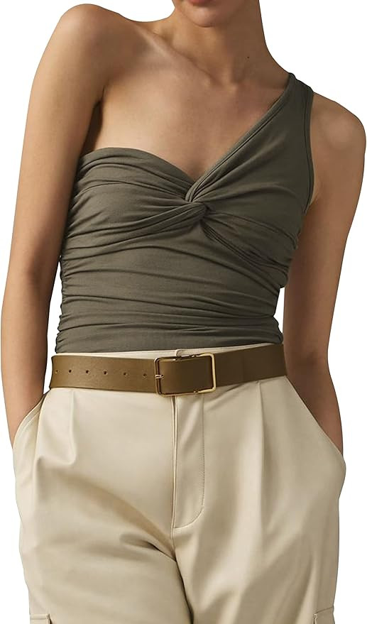 Meladyan Women’s One Shoulder Twist Knot Crop Tank Tops Ruched Sleeveless Solid Slim Fit Tank C... | Amazon (US)