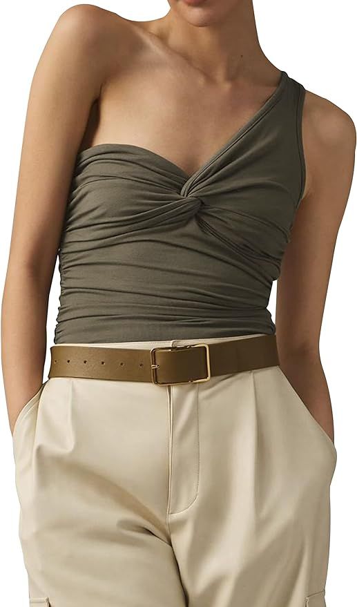 Meladyan Women’s One Shoulder Twist Knot Crop Tank Tops Ruched Sleeveless Solid Slim Fit Tank C... | Amazon (US)