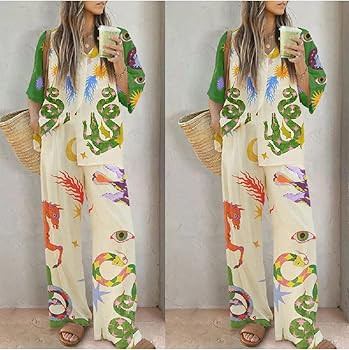 Peaceglad Women's Summer Print Two Piece Pajama Set Short Sleeve Button Down Tops Drawstring Long... | Amazon (US)