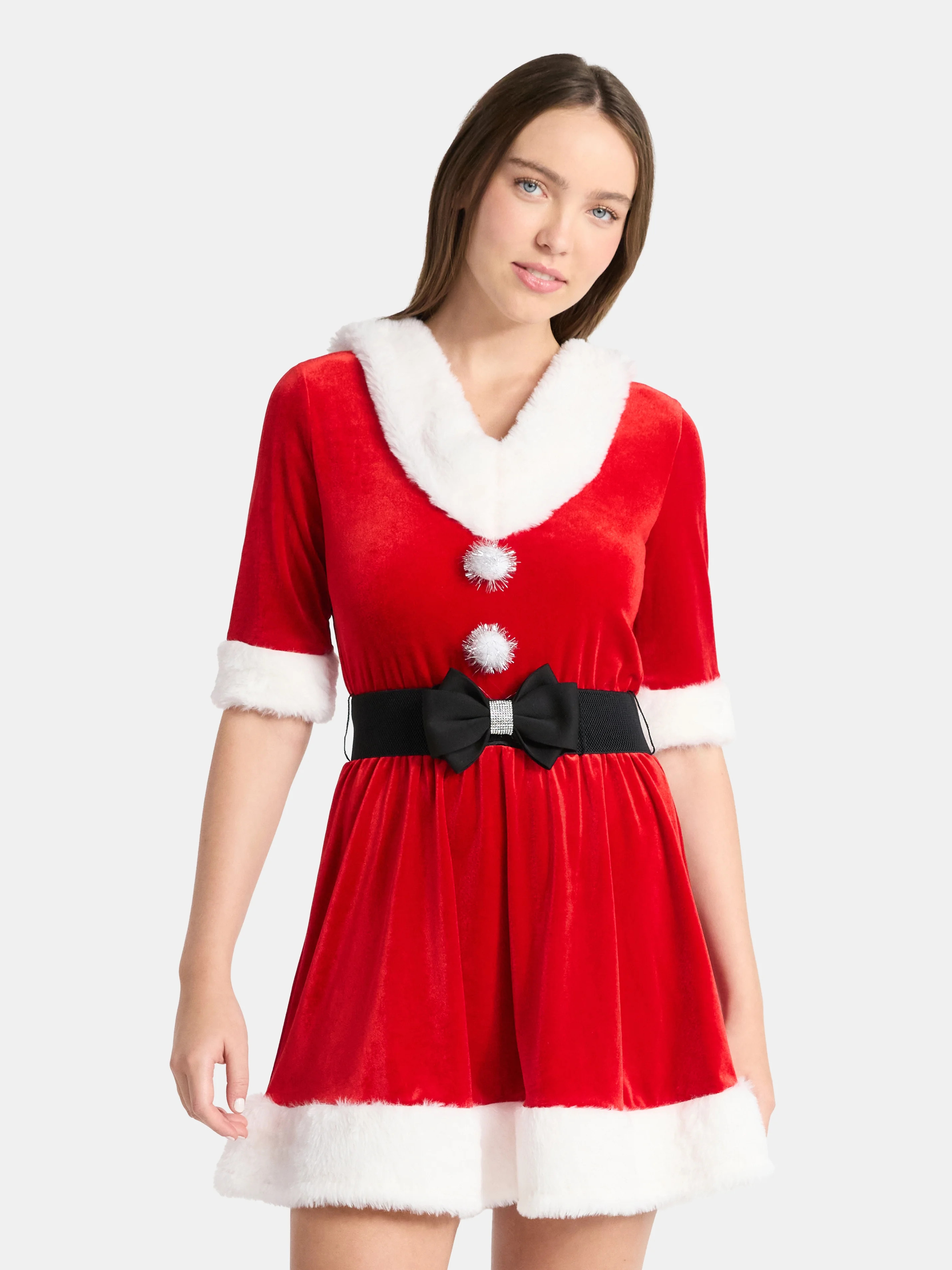 No Boundaries Christmas Santa Dress with Hood and Faux Fur, Women’s | Walmart (US)