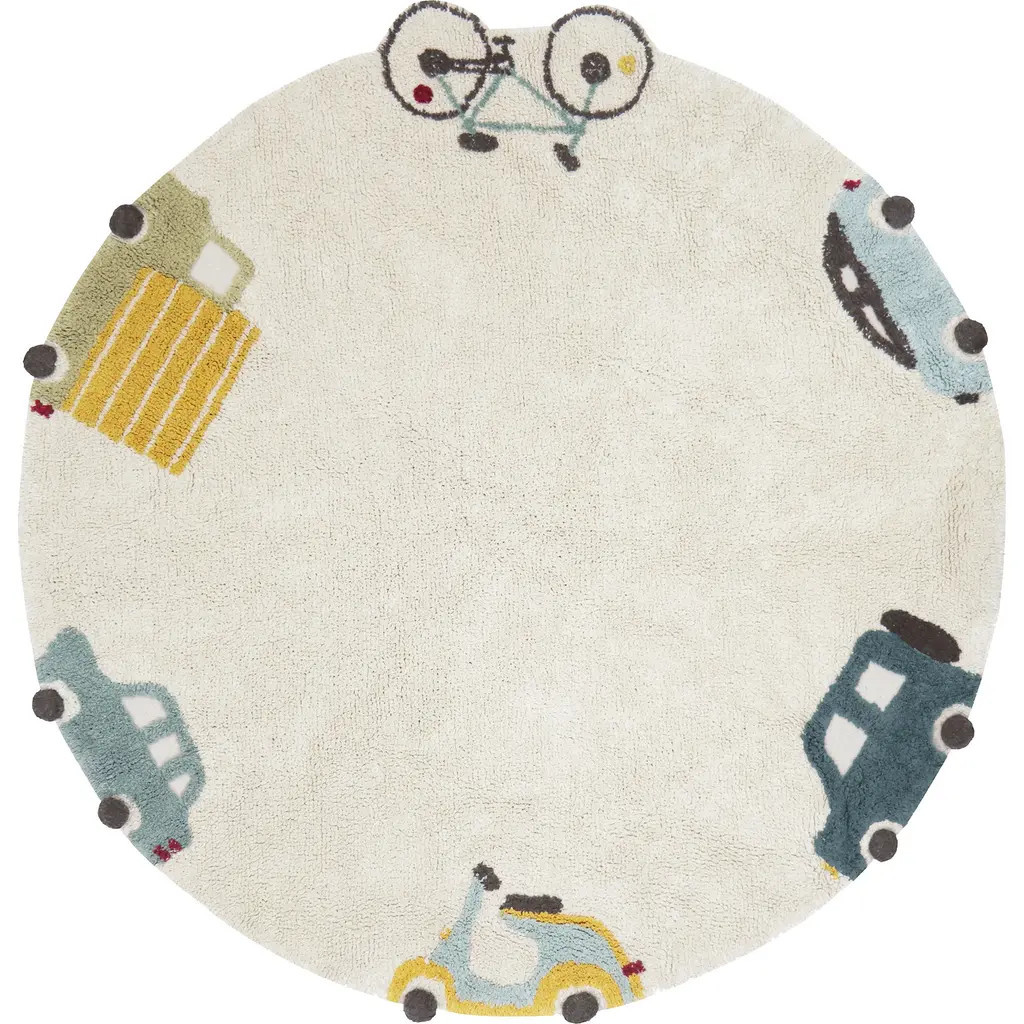 Lorena Canals Kids' Washable Round Wheels Rug in Natural Blue Honey Olive at Nordstrom | Nordstrom