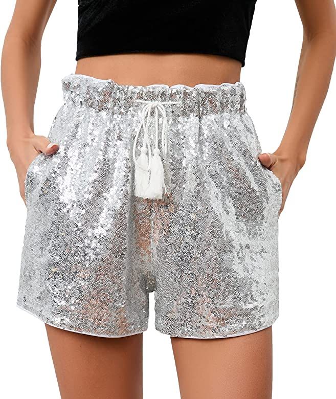 Women's Summer Sequins Shorts High Waist Casual Loose A Line Hot Pants Sparkly Clubwear Night-Out... | Amazon (US)
